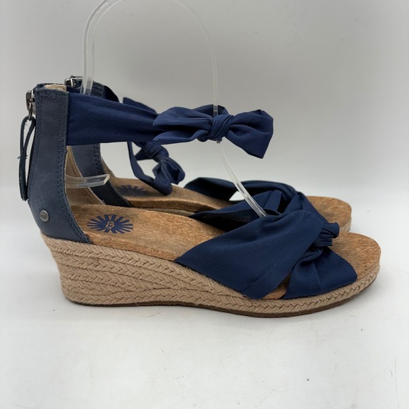 UGG Shoes - UGG Trina Navy Blue Espadrille Wedge Sandals Knotted Ankle Tie 1011181 Womens 7